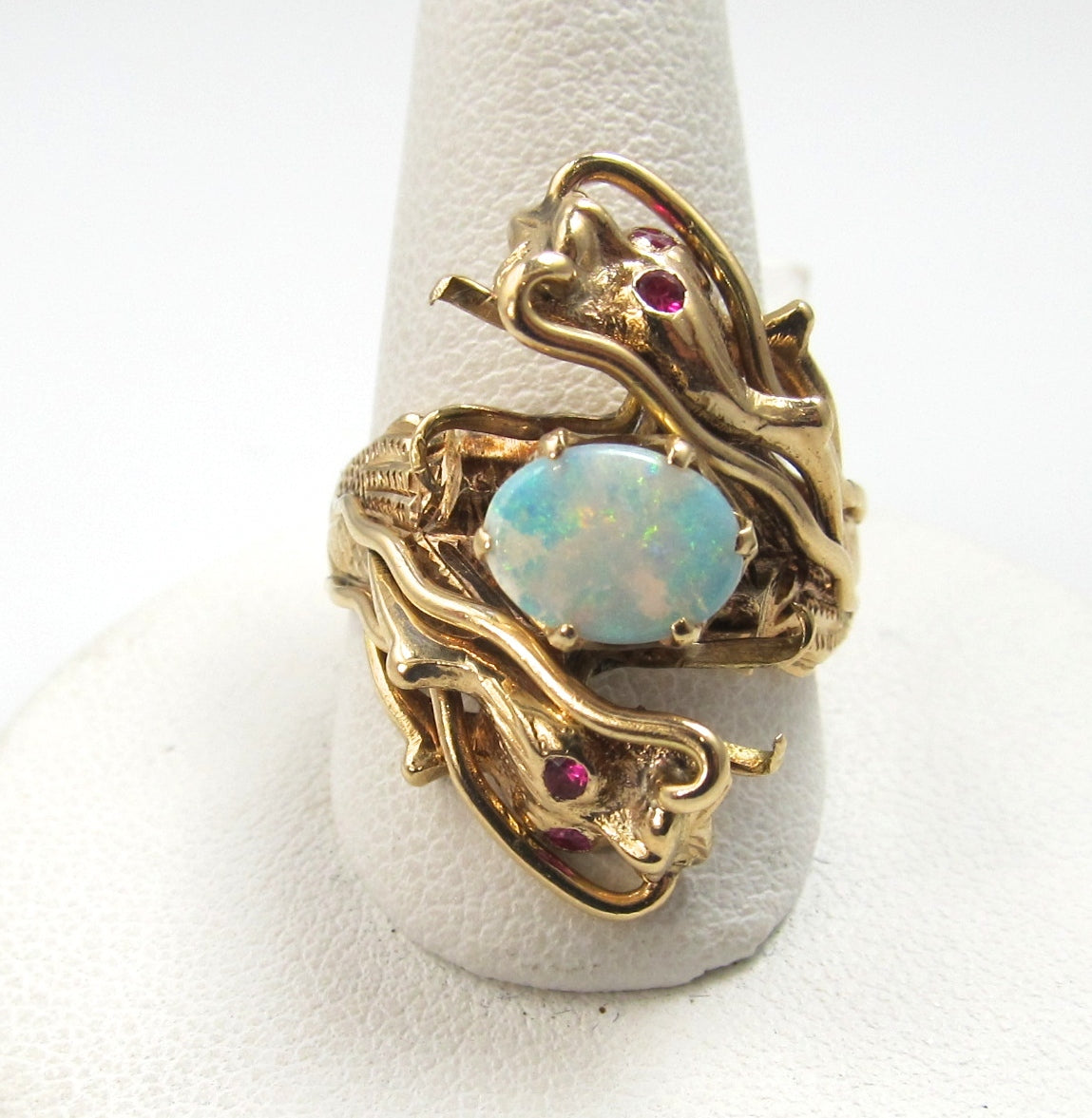 14k Rose Gold Dragon Ring With Rubies And An Opal, Circa 1930