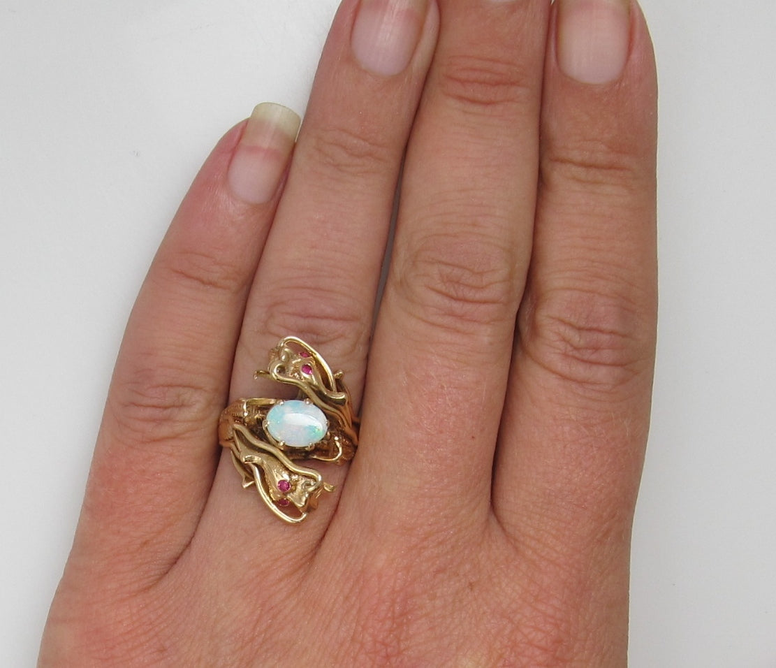 14k Rose Gold Dragon Ring With Rubies And An Opal, Circa 1930
