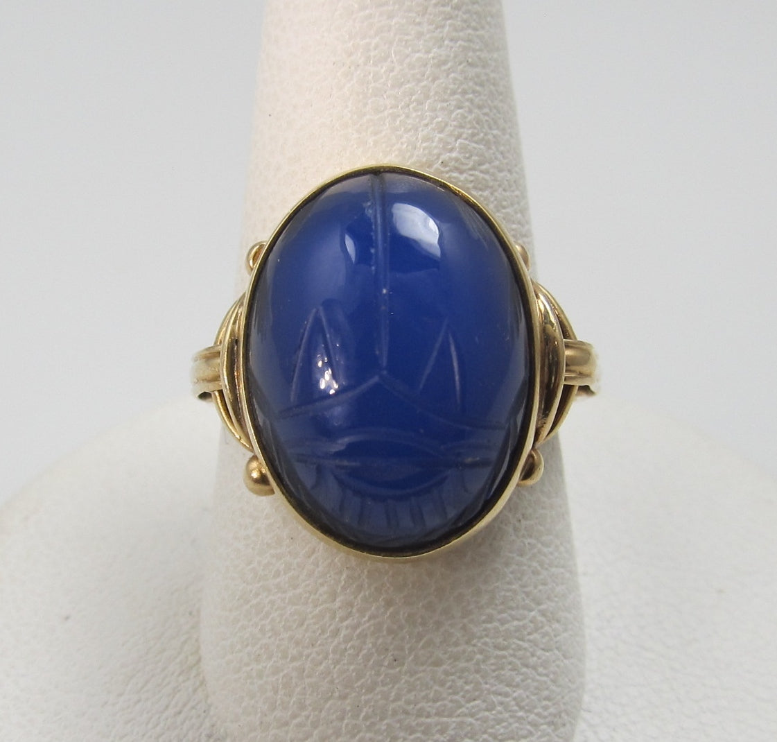 Vintage 10k Yellow Gold Ring With A Blue Chalcedony Scarab