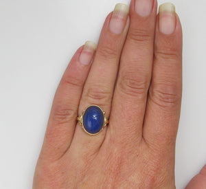 Vintage 10k Yellow Gold Ring With A Blue Chalcedony Scarab