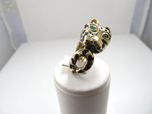 14k Yellow Gold Enamel Panther Ring With Emerald Eyes, Circa 1960