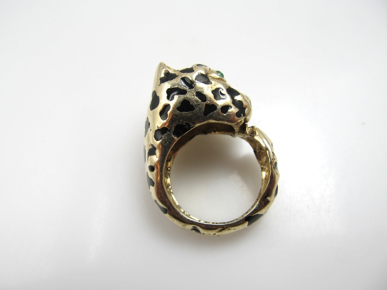 14k Yellow Gold Enamel Panther Ring With Emerald Eyes, Circa 1960