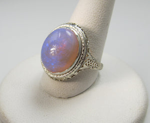 14k White Gold Filigree Ring With A 5.50ct Opal, Circa 1920