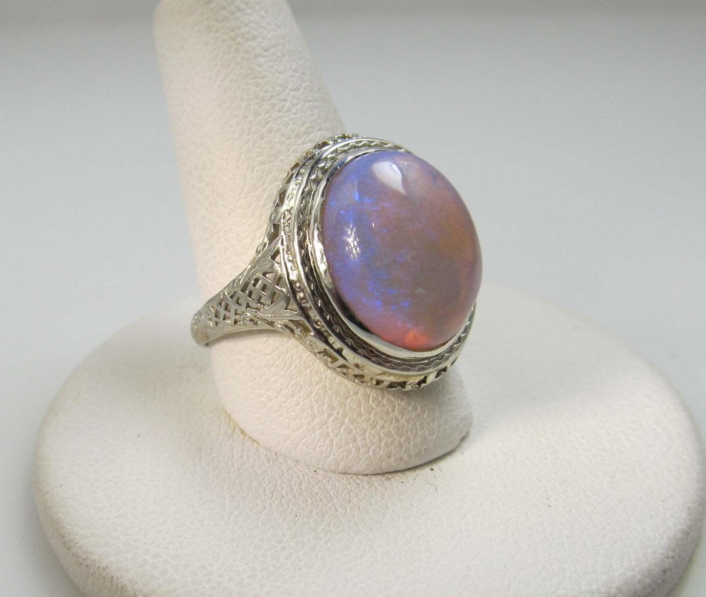 14k White Gold Filigree Ring With A 5.50ct Opal, Circa 1920