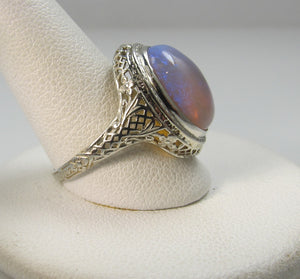 14k White Gold Filigree Ring With A 5.50ct Opal, Circa 1920