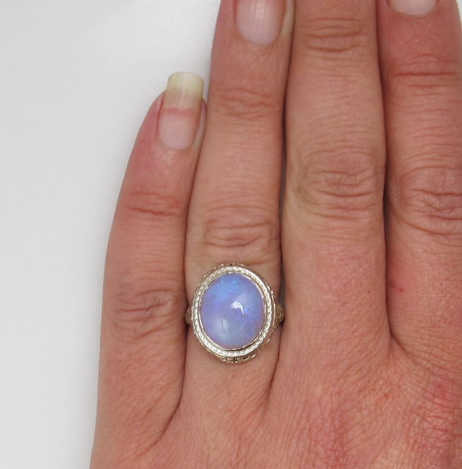 14k White Gold Filigree Ring With A 5.50ct Opal, Circa 1920