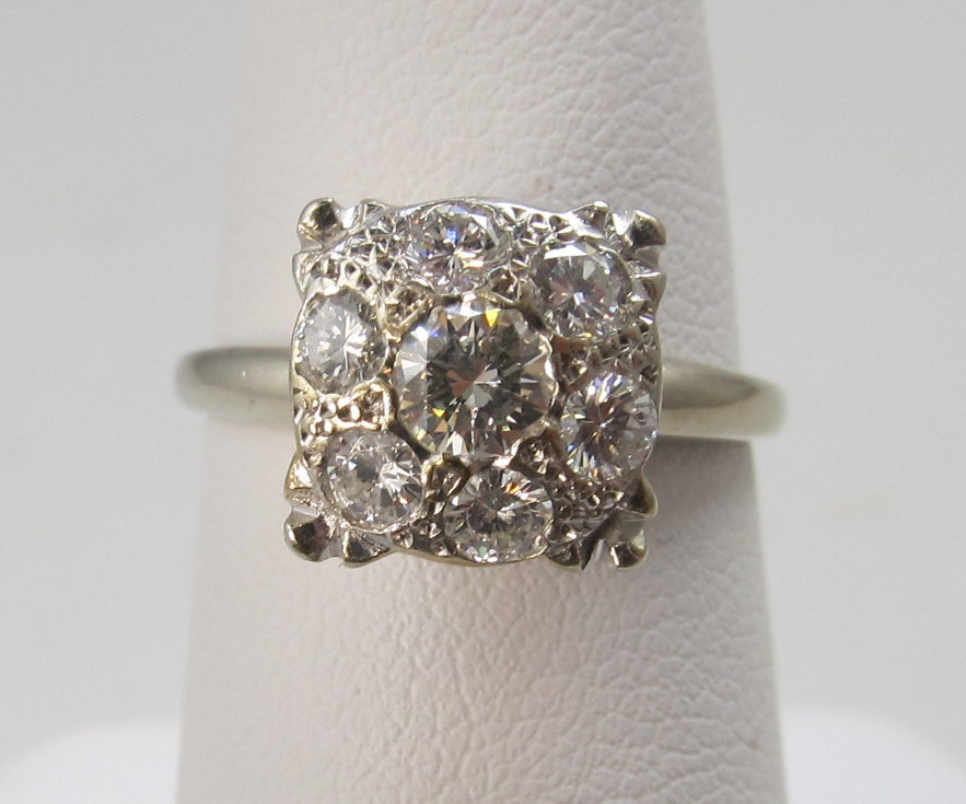 Vintage diamond cluster engagement ring, 14k white gold