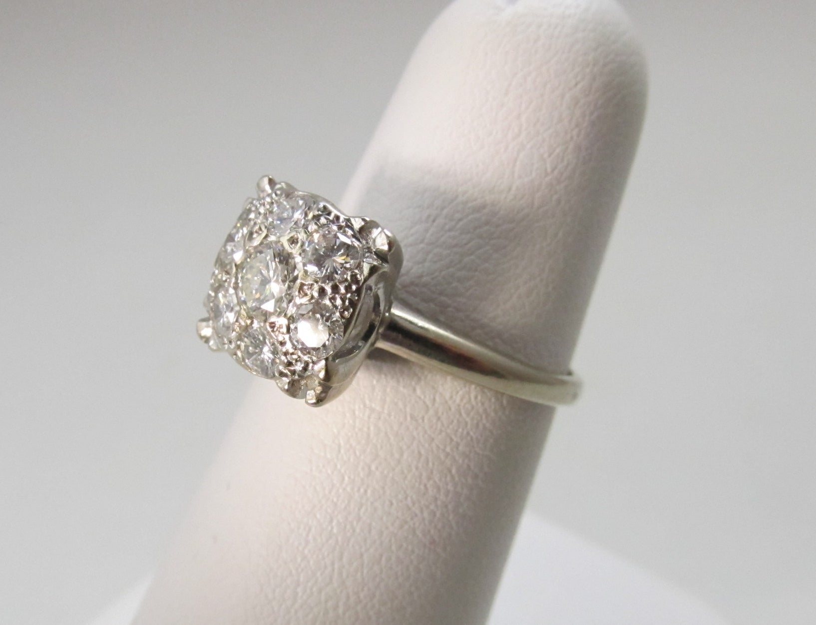 Vintage diamond cluster engagement ring, 14k white gold