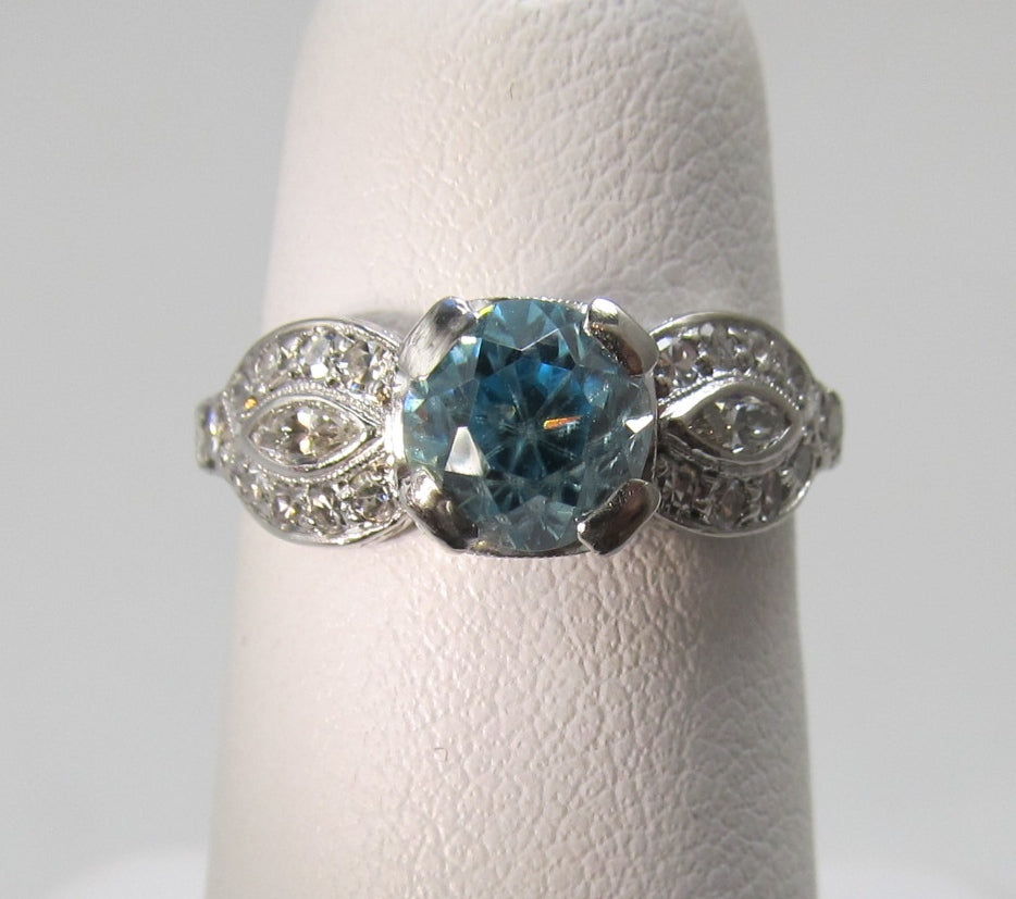 Vintage platinum blue zircon diamond ring