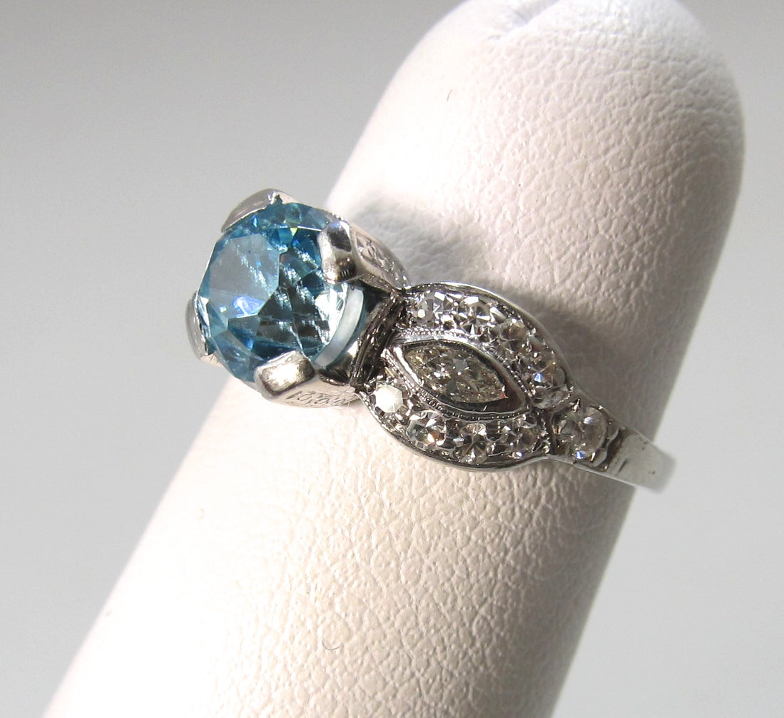 Vintage platinum blue zircon diamond ring