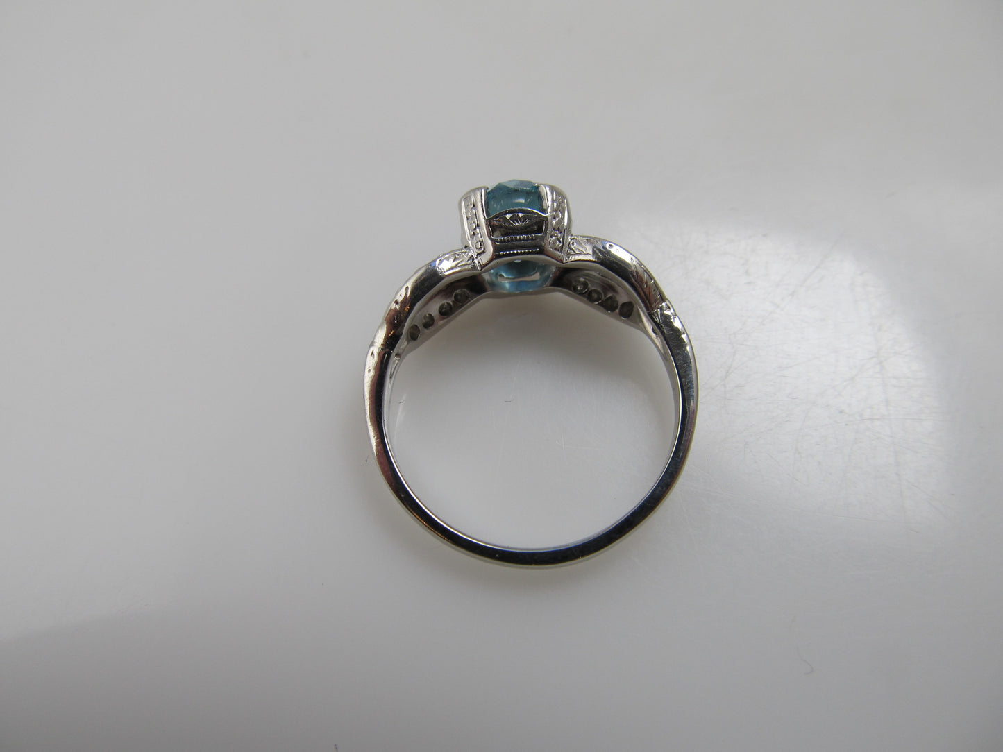 Vintage platinum blue zircon diamond ring