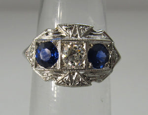 Vintage 3 stone sapphire diamond ring, circa 1920