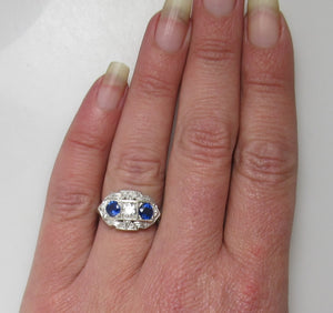 Vintage 3 stone sapphire diamond ring, circa 1920