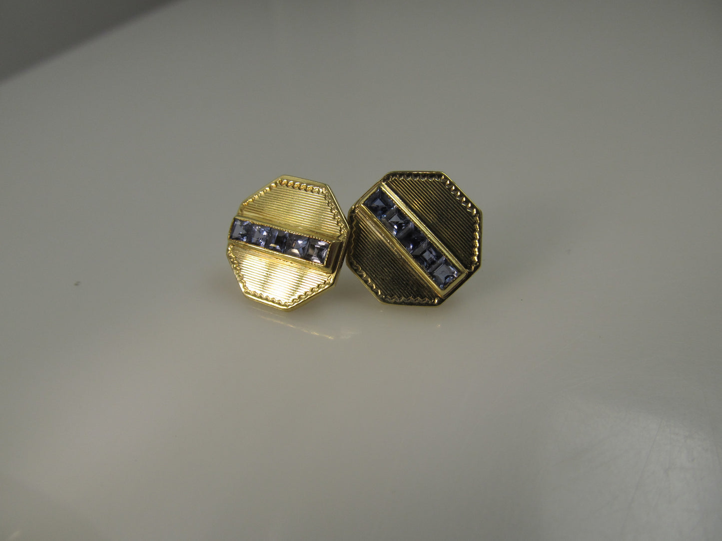 14k Yellow Gold Earrings With Sapphires, Converted From Cufflinks, Circa 1920.