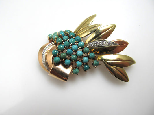 Vintage Retro 14k Rose And Yellow Gold Pin With Diamonds And Turquoise, Circa 1940.