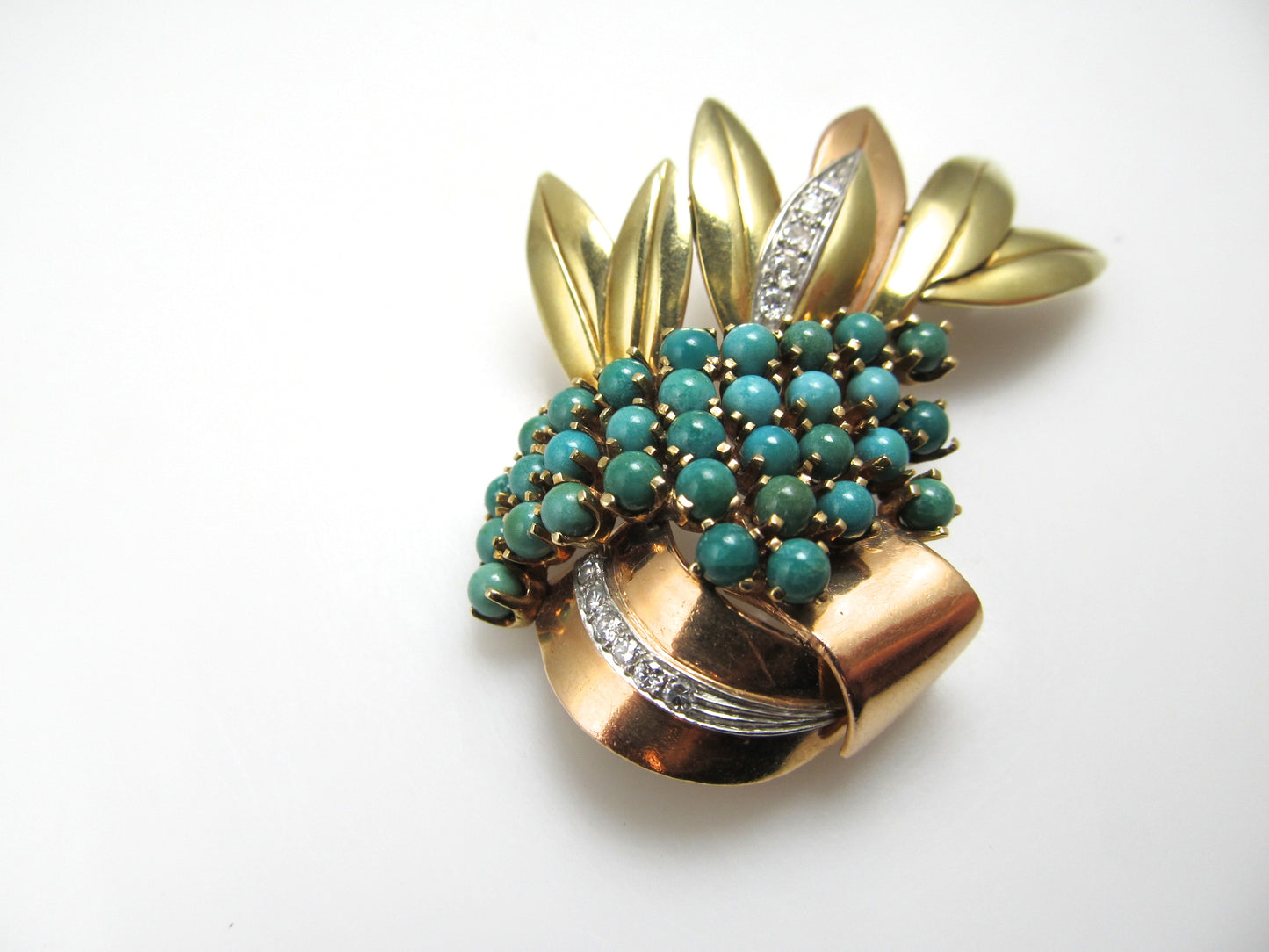 Vintage Retro 14k Rose And Yellow Gold Pin With Diamonds And Turquoise, Circa 1940.