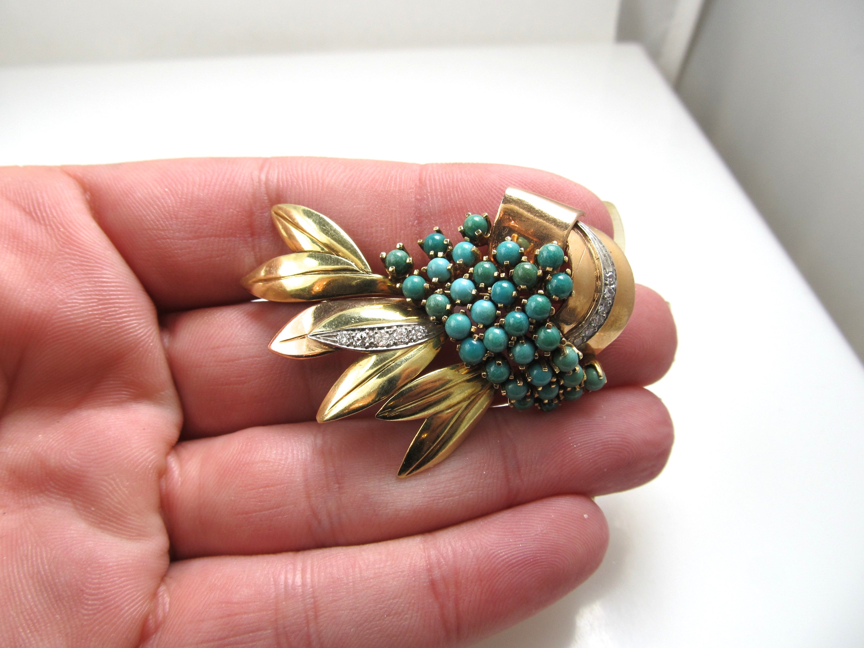 Vintage Retro 14k Rose And Yellow Gold Pin With Diamonds And Turquoise, Circa 1940.