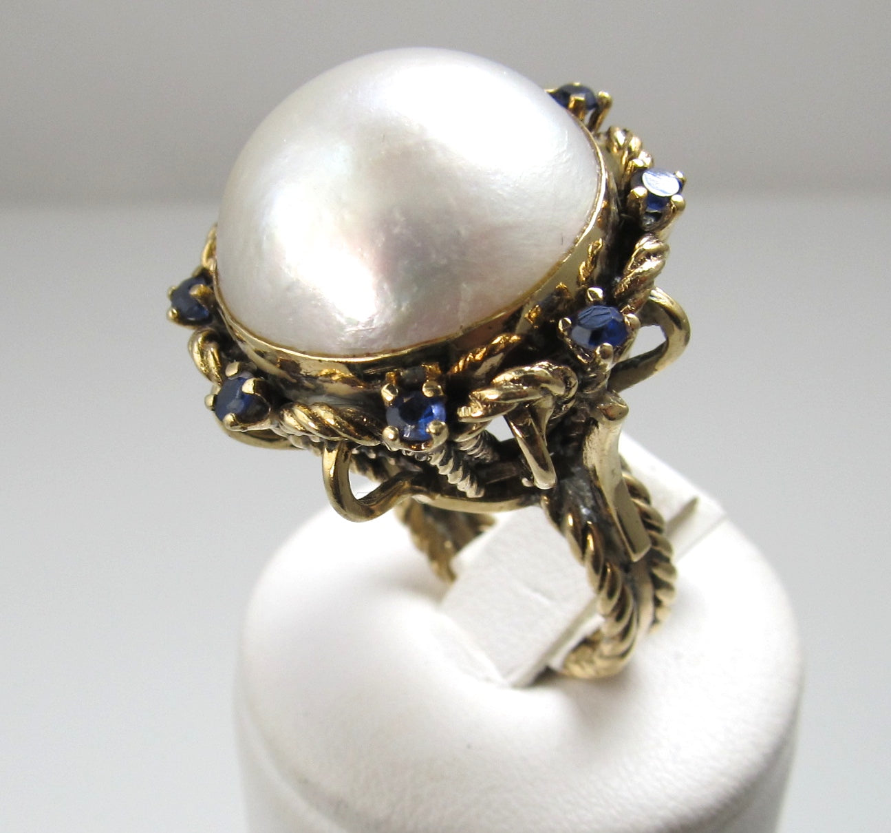 14k Yellow Gold Ring With Sapphires And A Large Mabe Pearl, Circa 1960