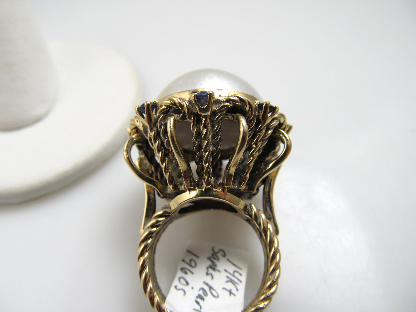14k Yellow Gold Ring With Sapphires And A Large Mabe Pearl, Circa 1960