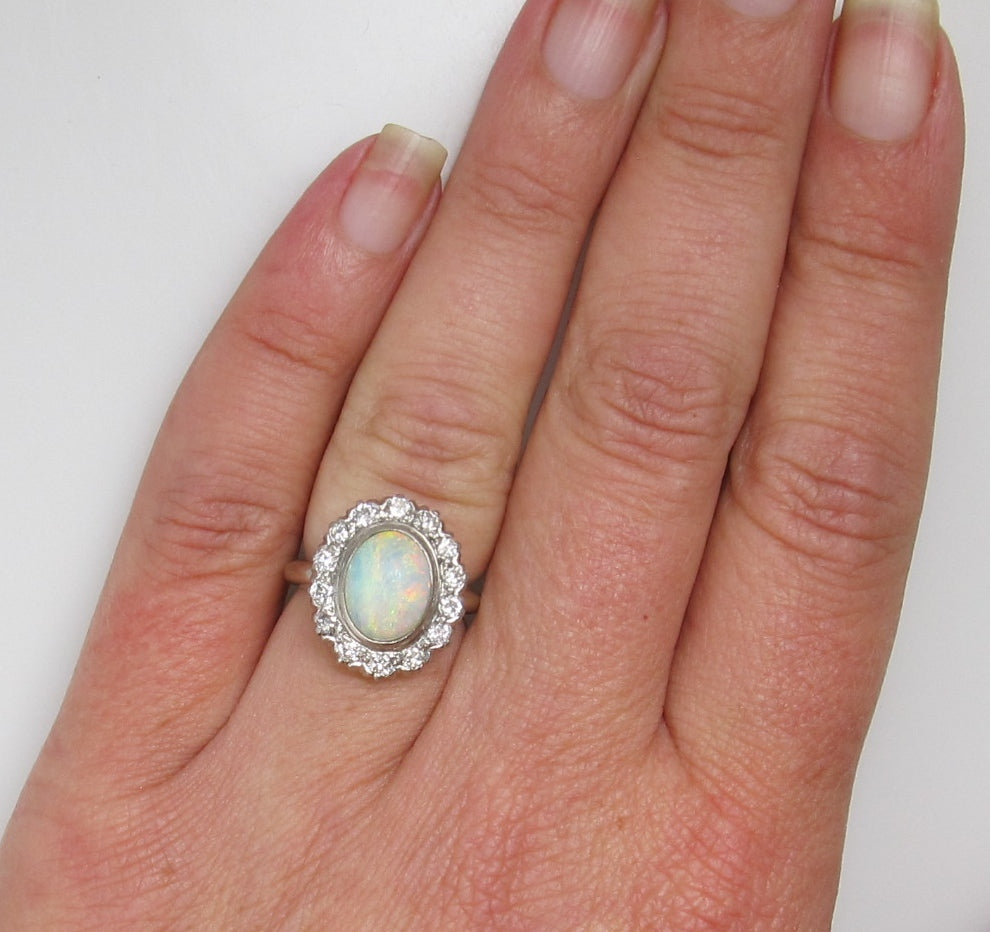 Vintage 14k White Gold Ring With A 2ct Opal And .70cts In Diamonds