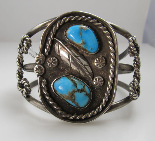 Vintage Sterling Silver Navajo Cuff Bracelet With Turquoise