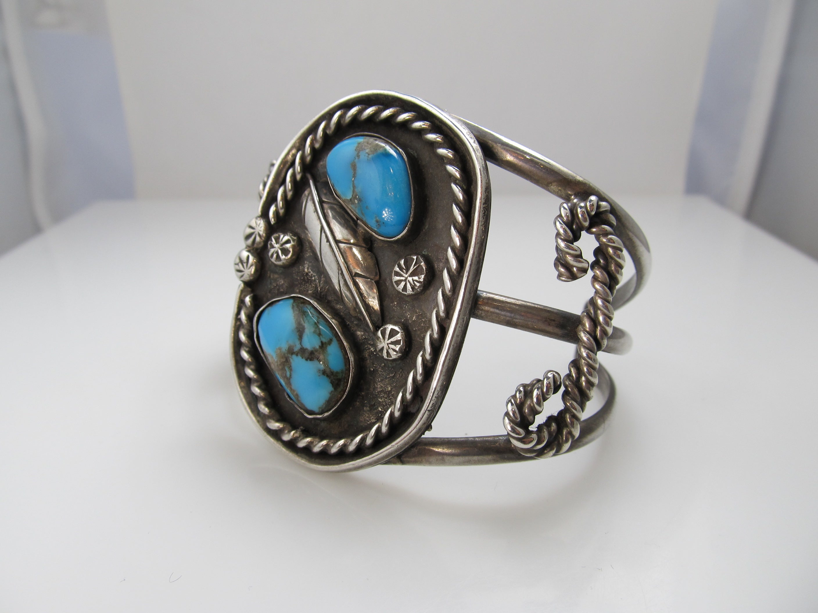 Vintage Sterling Silver Navajo Cuff Bracelet With Turquoise