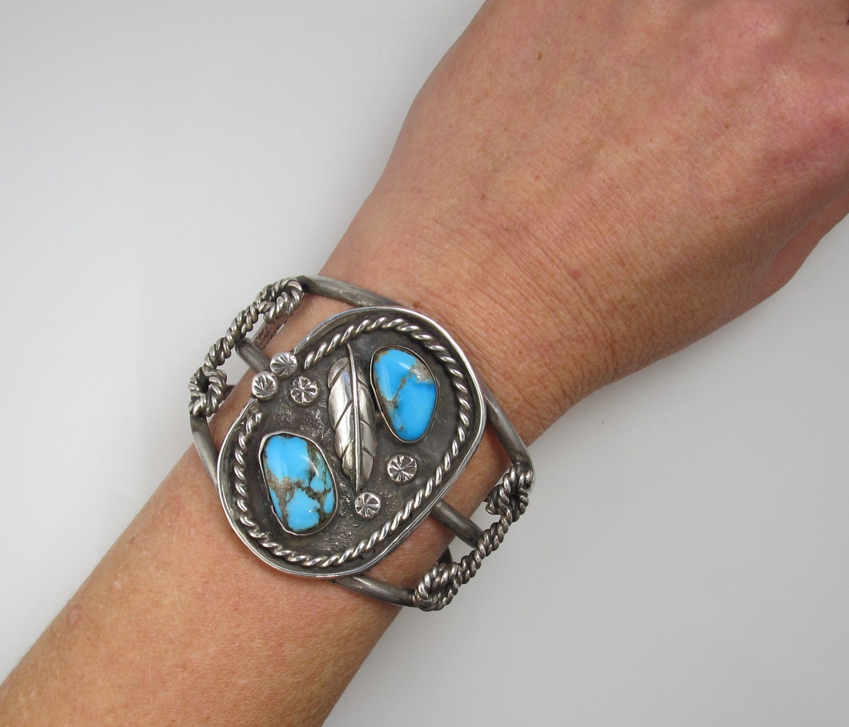 Vintage Sterling Silver Navajo Cuff Bracelet With Turquoise