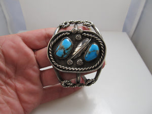 Vintage Sterling Silver Navajo Cuff Bracelet With Turquoise