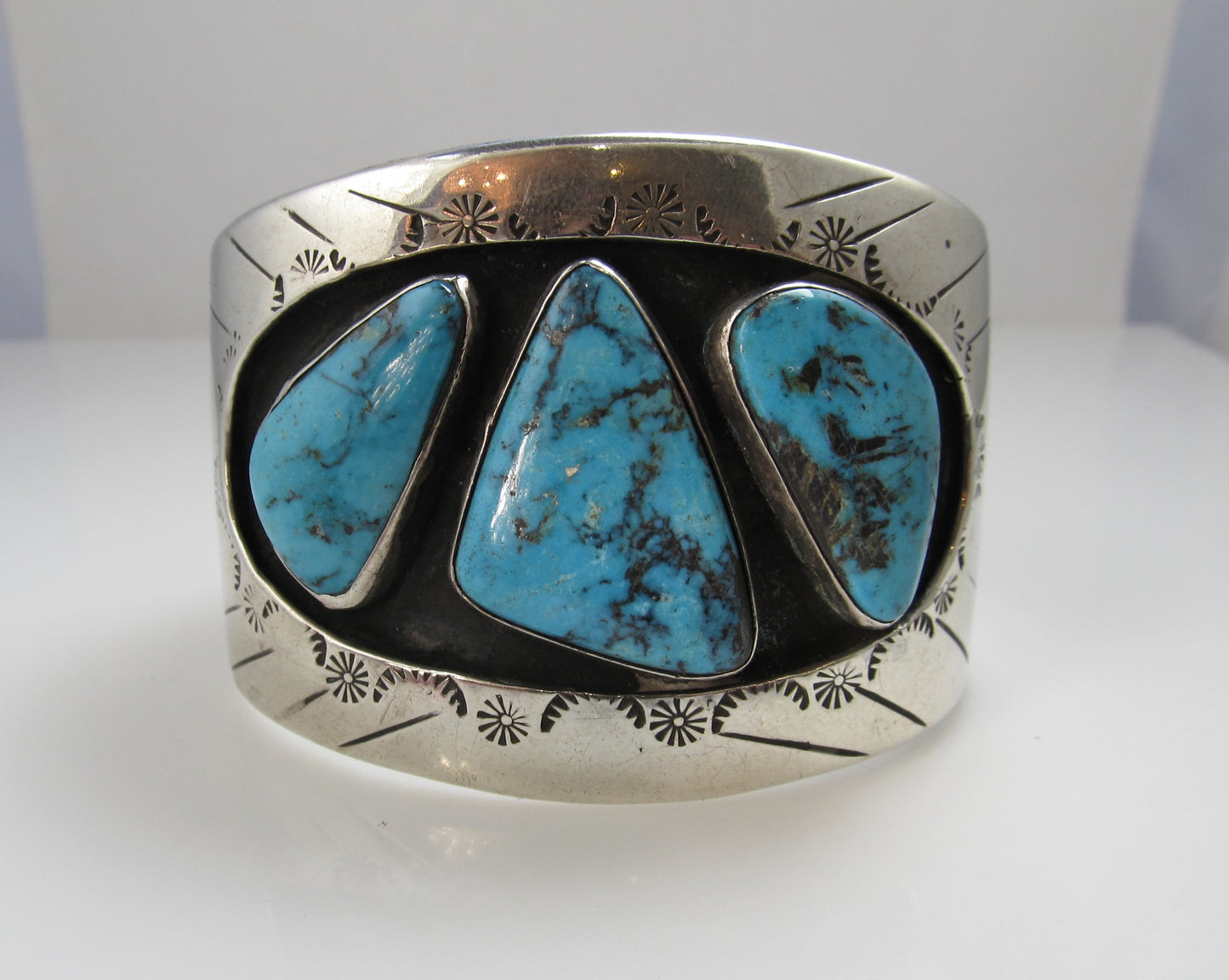 Wide Vintage Navajo Sterling Silver Turquoise Cuff Bracelet