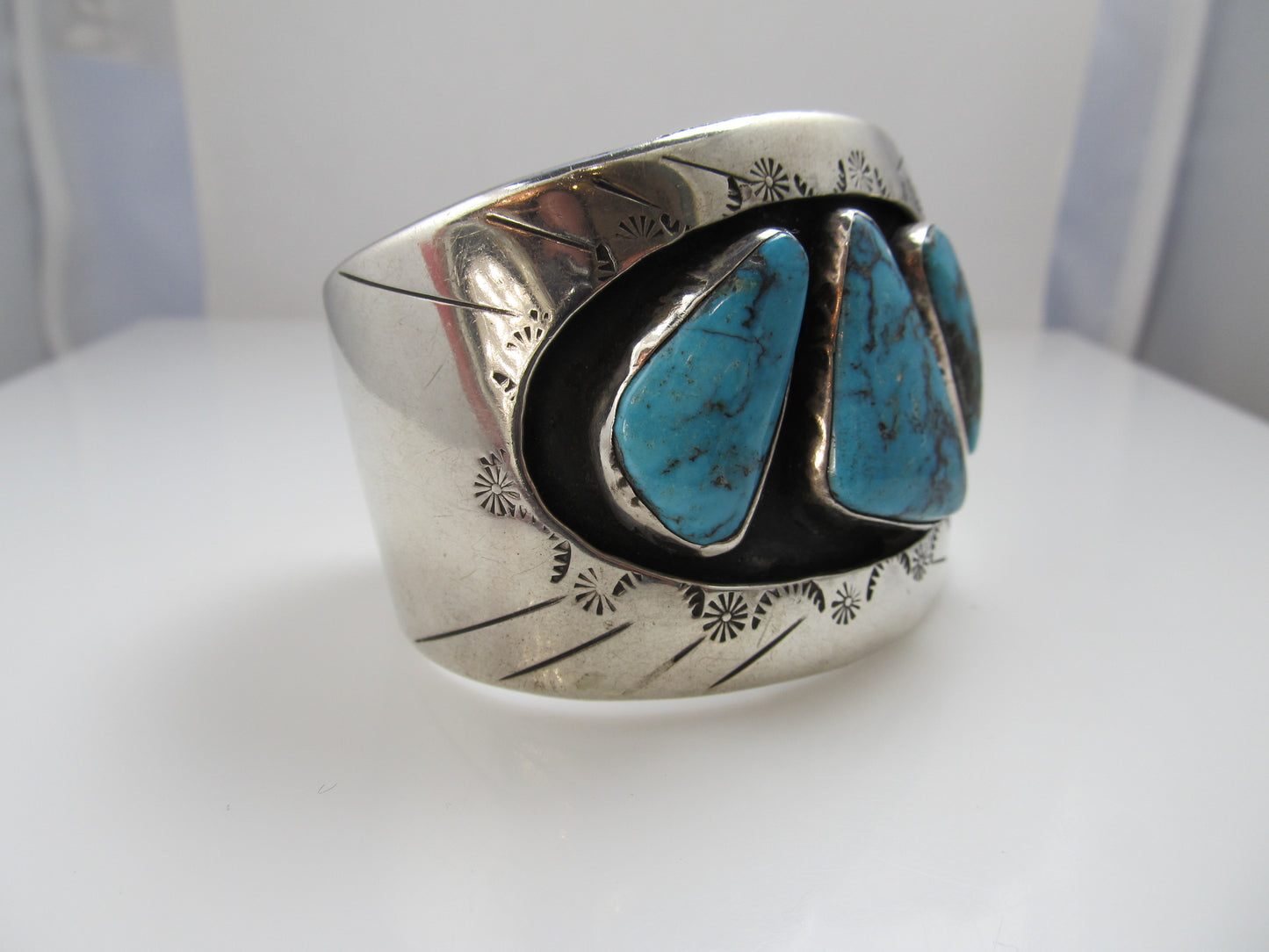Wide Vintage Navajo Sterling Silver Turquoise Cuff Bracelet