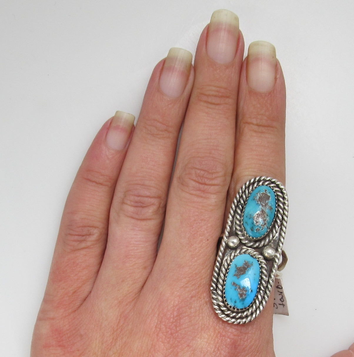 Long vintage sterling silver turquoise ring