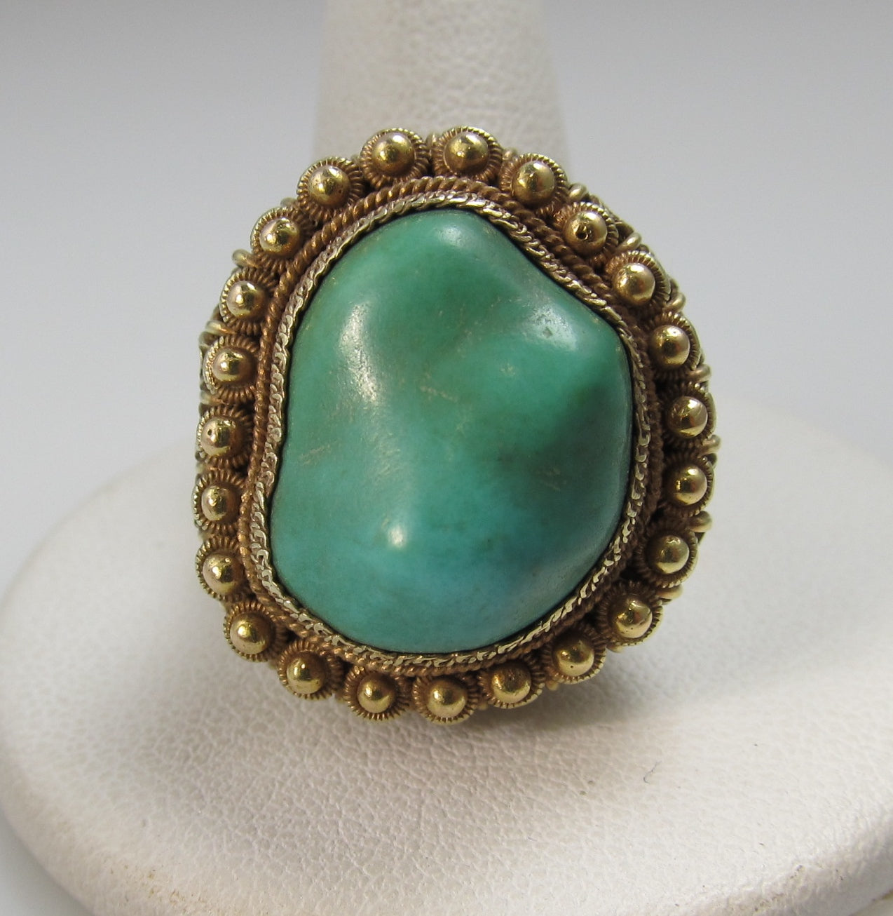 Vintage Chinese 14k Yellow Gold Filigree Turquoise Ring, Circa 1920