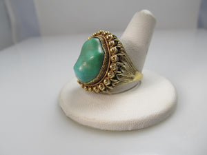 Vintage Chinese 14k Yellow Gold Filigree Turquoise Ring, Circa 1920