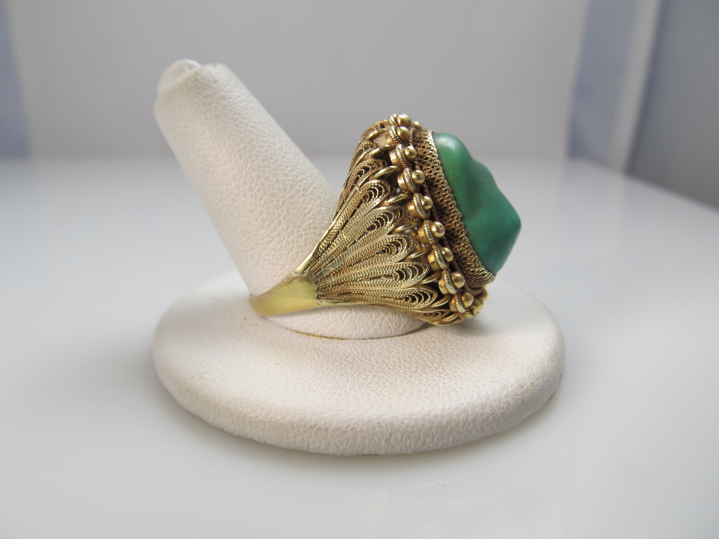 Vintage Chinese 14k Yellow Gold Filigree Turquoise Ring, Circa 1920