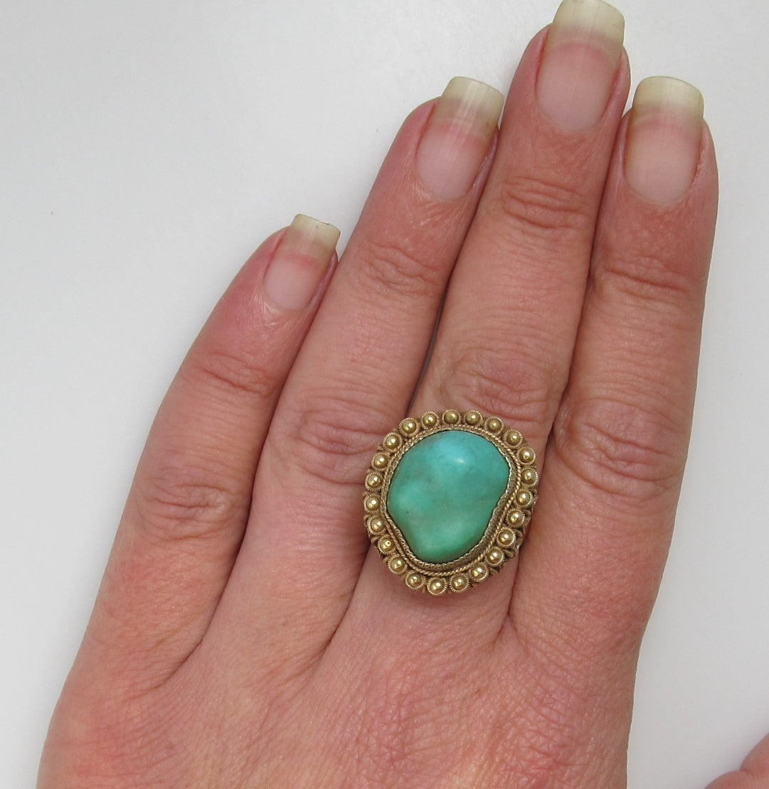 Vintage Chinese 14k Yellow Gold Filigree Turquoise Ring, Circa 1920