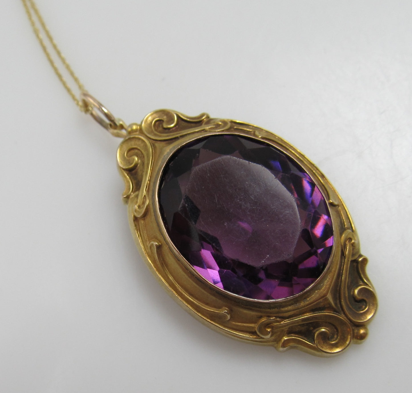 Art Nouveau Purple Glass Necklace, 14k Yellow Gold