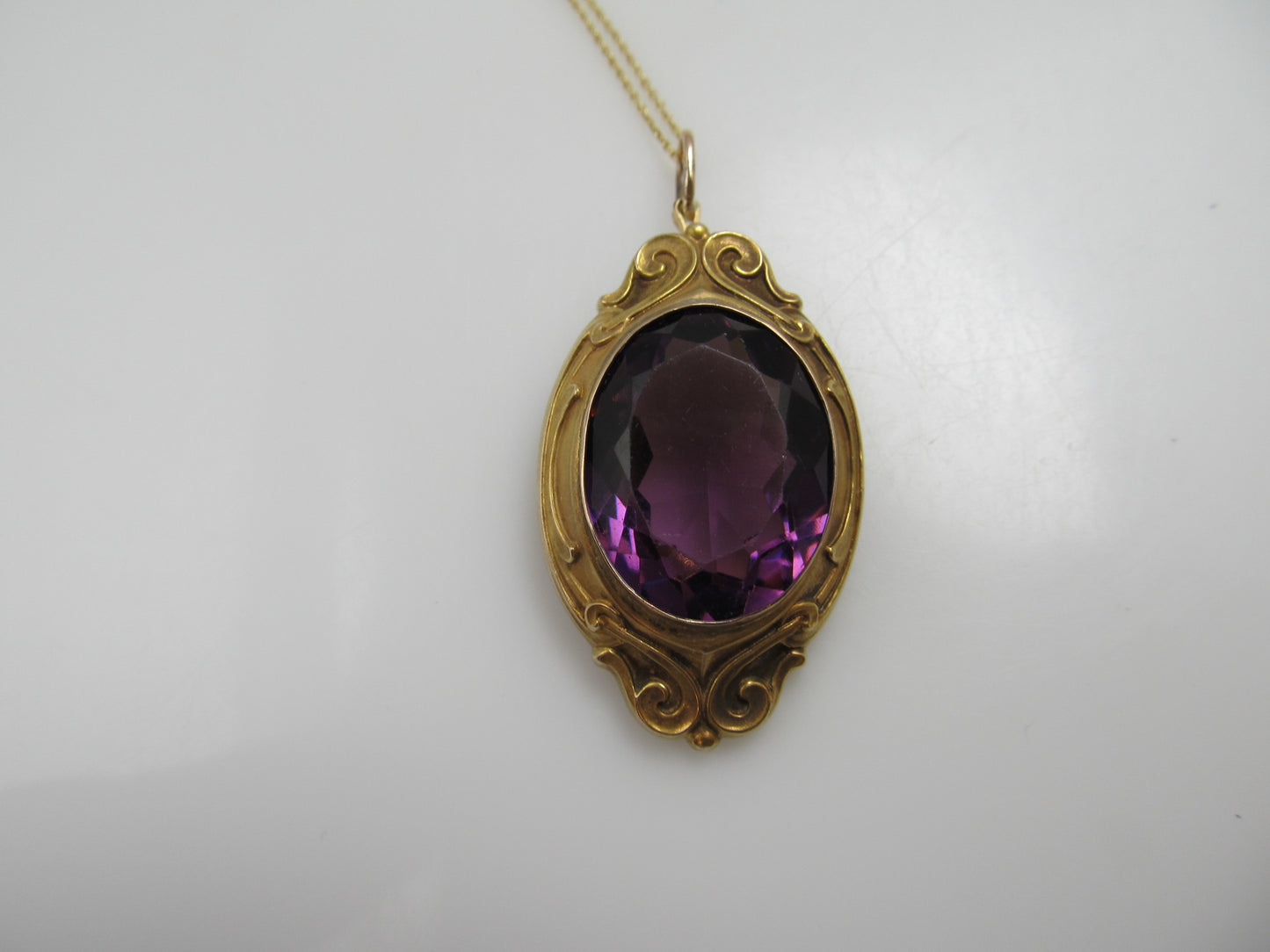 Art Nouveau Purple Glass Necklace, 14k Yellow Gold