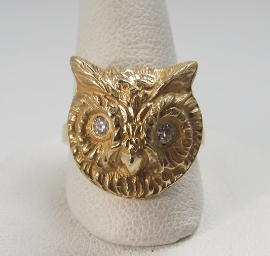 14k yellow gold owl ring with diamond eyes