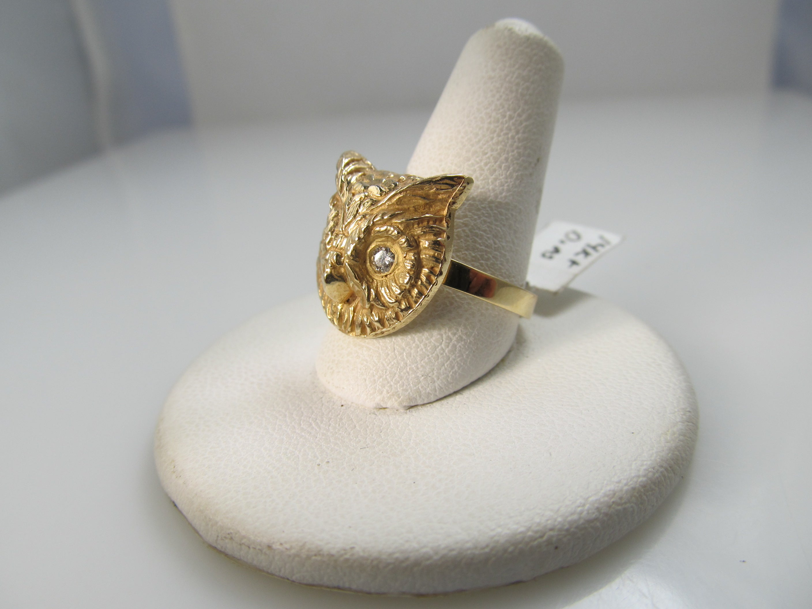 14k yellow gold owl ring with diamond eyes