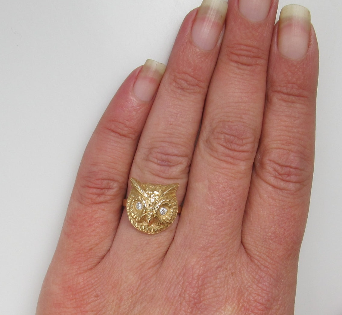 14k yellow gold owl ring with diamond eyes