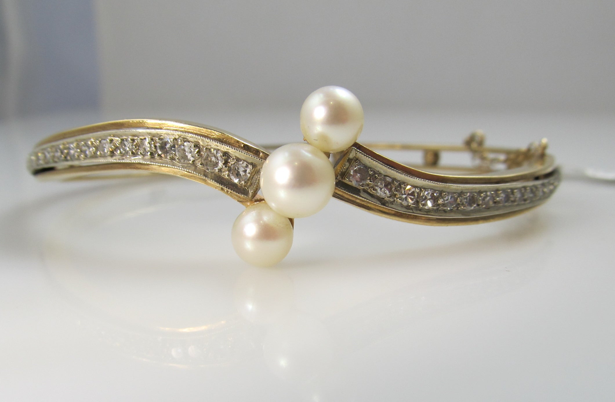 Vintage Pearl And Diamond Bangle Bracelet, 14k Yellow Gold