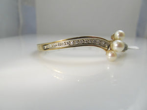 Vintage Pearl And Diamond Bangle Bracelet, 14k Yellow Gold