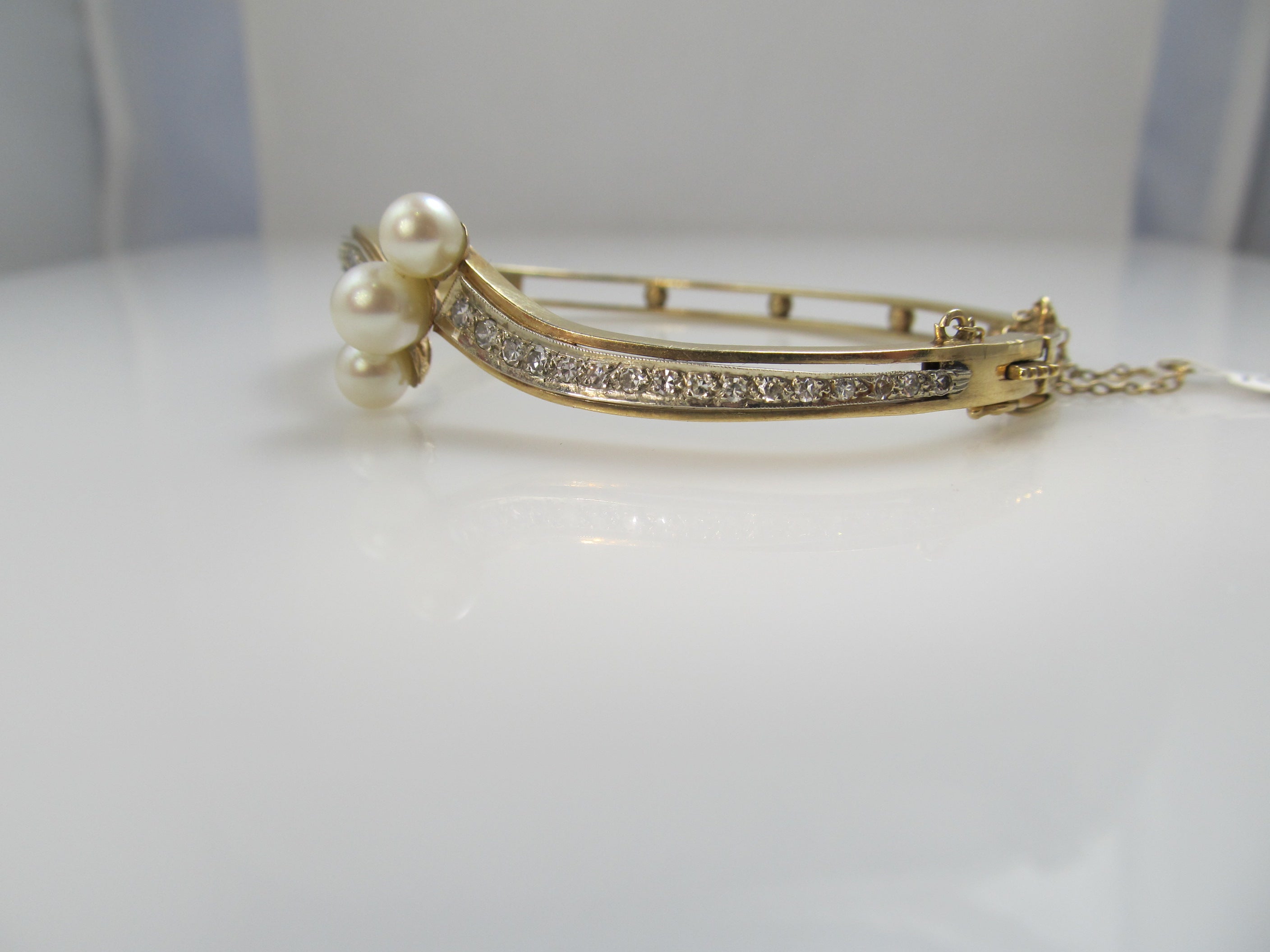 Vintage Pearl And Diamond Bangle Bracelet, 14k Yellow Gold