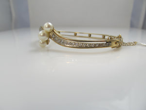 Vintage Pearl And Diamond Bangle Bracelet, 14k Yellow Gold