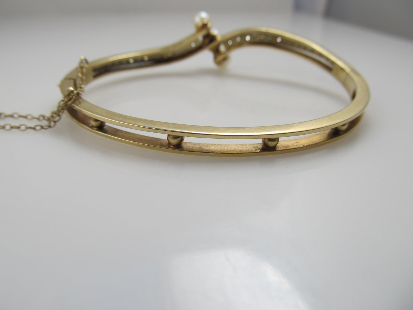 Vintage Pearl And Diamond Bangle Bracelet, 14k Yellow Gold