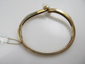 Vintage Pearl And Diamond Bangle Bracelet, 14k Yellow Gold