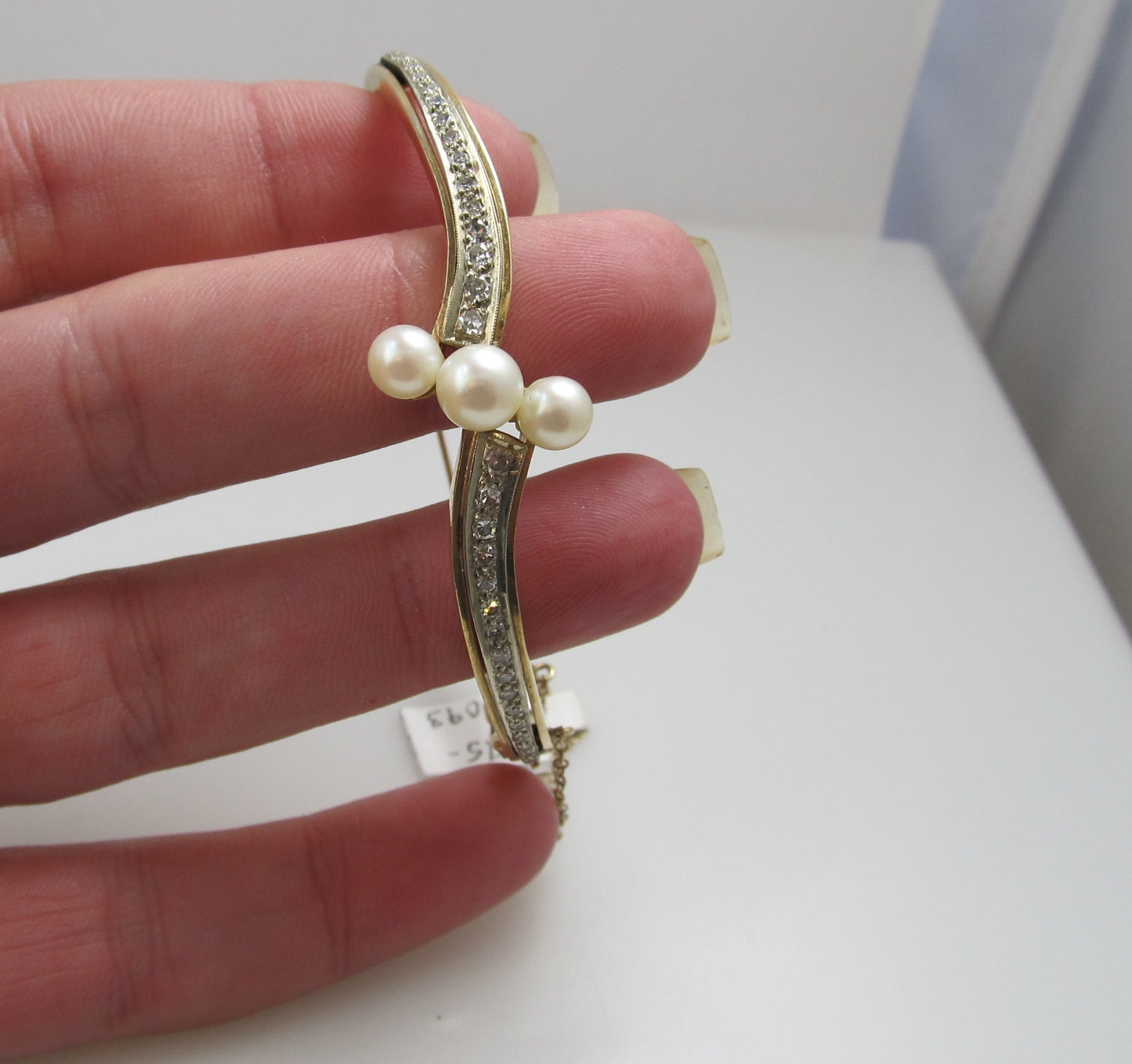 Vintage Pearl And Diamond Bangle Bracelet, 14k Yellow Gold