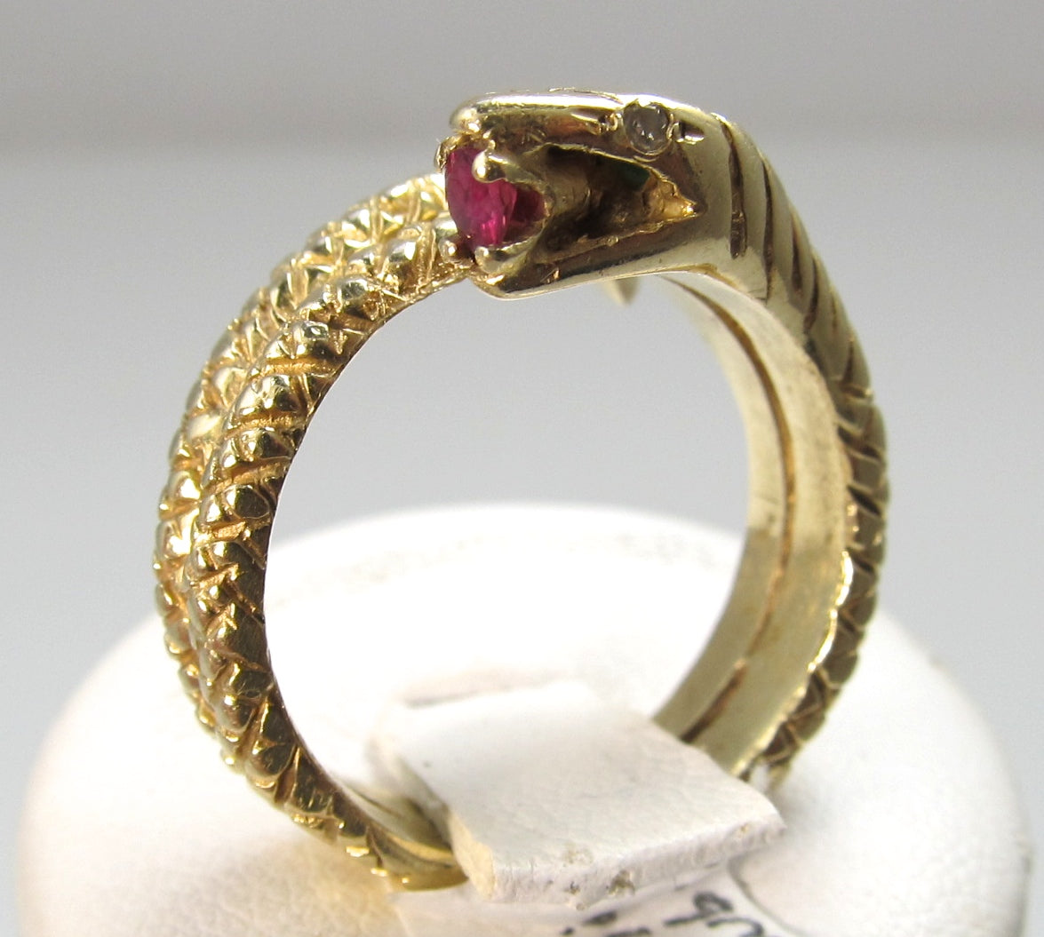Vintage coiled snake ring, ruby, 14k yellow gold, Victorious Cape May