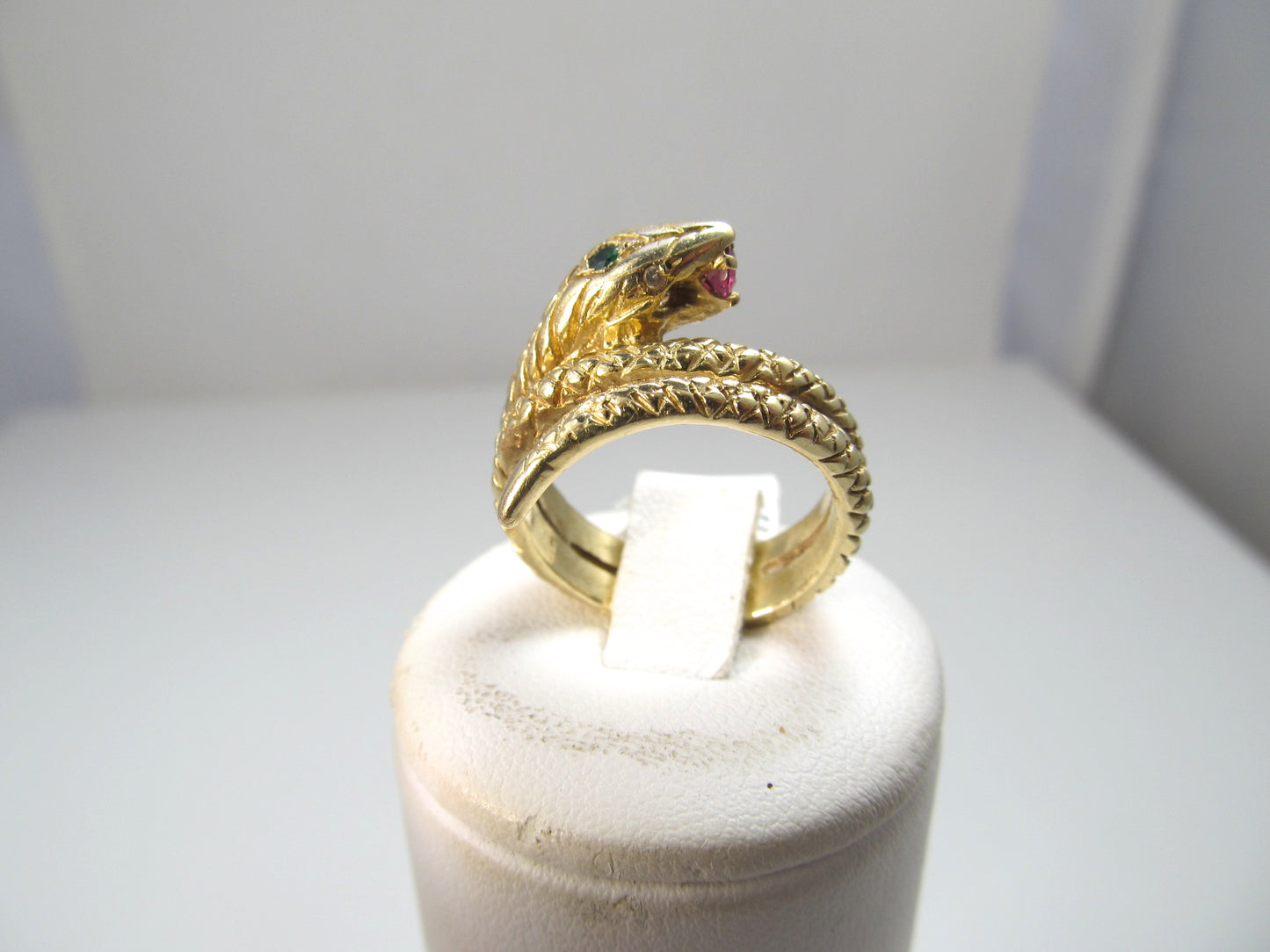 14k coiled snake ring with ruby, emerald and diamonds