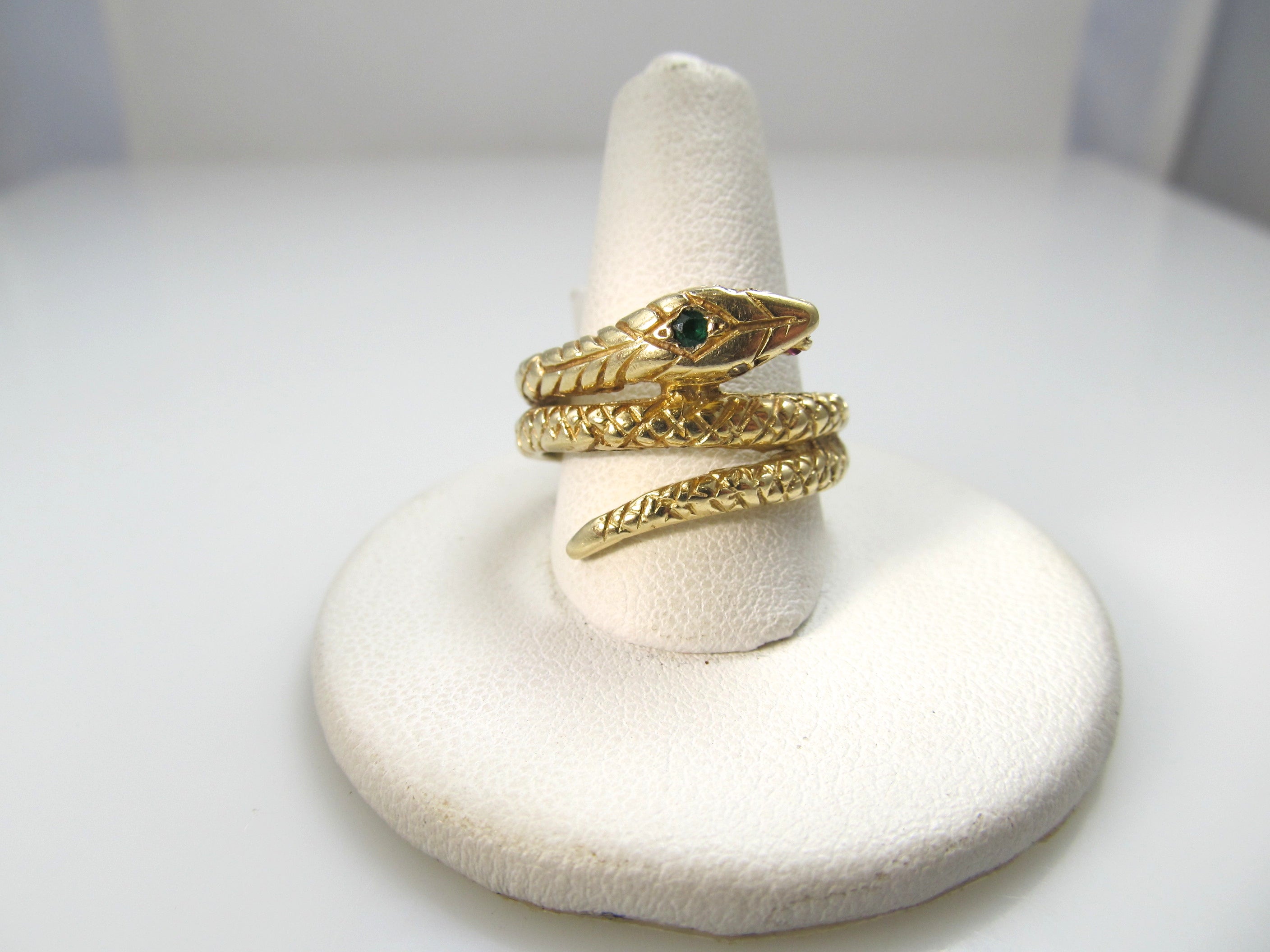 14k coiled snake ring with ruby, emerald and diamonds